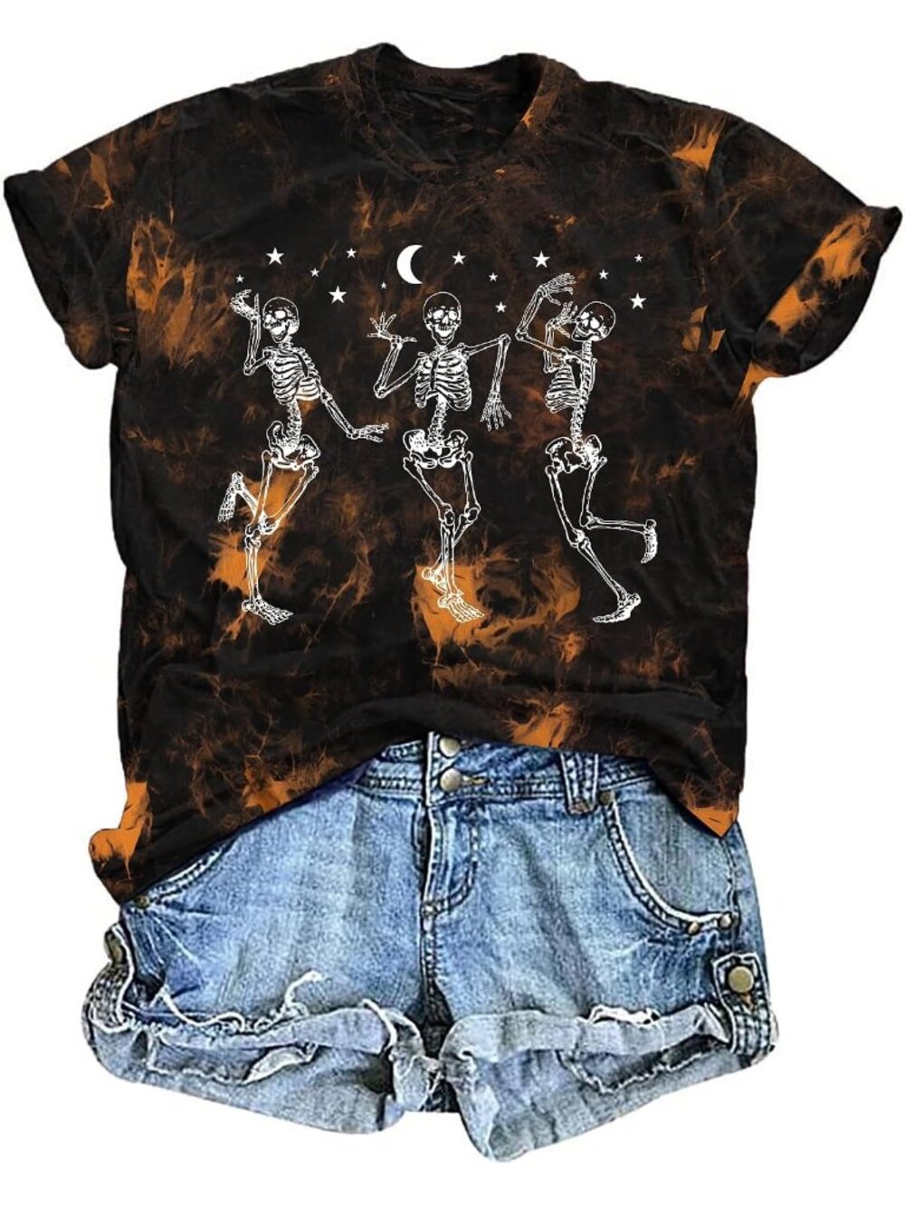 🆕 Women's Black Orange Dancing Skeleton Moon Tie Dye Halloween Tee
